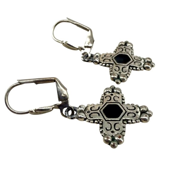 Inca Chakana Cross Earrings Silver Tone Black Onyx Inlay Dangle Boho NO MARKINGS - Picture 12 of 15